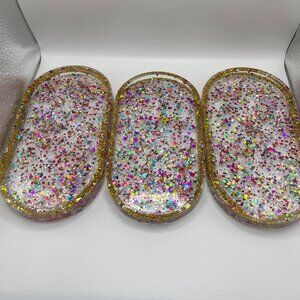 Set of 3 Glitter Resin Vanity Trays – Gold Rimmed Organizer Trays